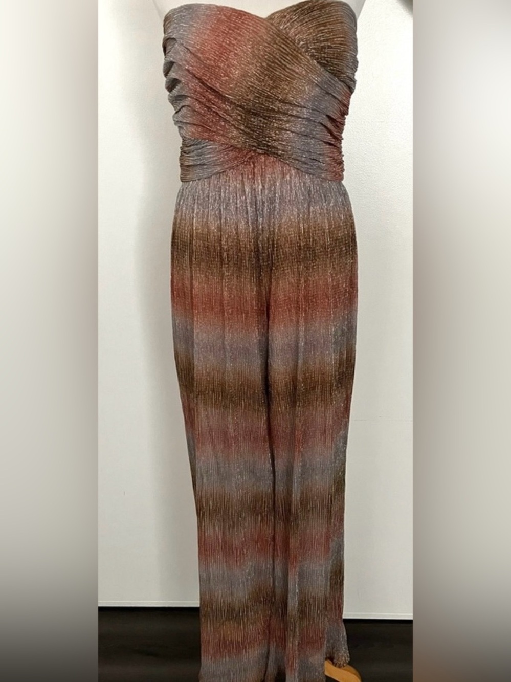 New York & Company Strapless Shimmer Jumpsuit in Gold and Bronze